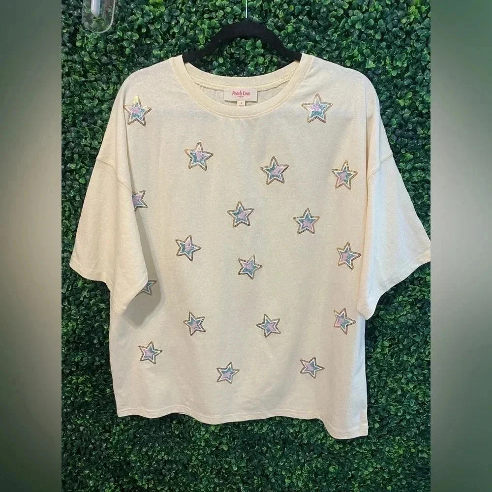 Peach Love - All Over Sequin Star Top - Size Small NEW - Picture 3 of 8